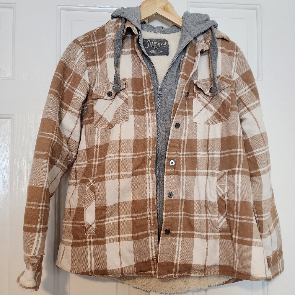 Natural Reflections Plaid Flannel Cream & Tan Zipper Ladies Hooded Shacket Sz. L